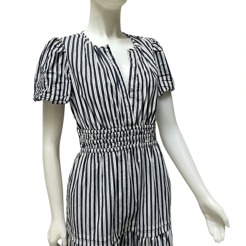 Quince Organic Cotton Tiered Maxi Dress‎ Navy White Stripe Smocked Resortwear M - Picture 10 of 17